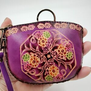 Purple Floral Zipper Pouch Bag Keychain Wristlet Boho Coin Purse Mandala Gift